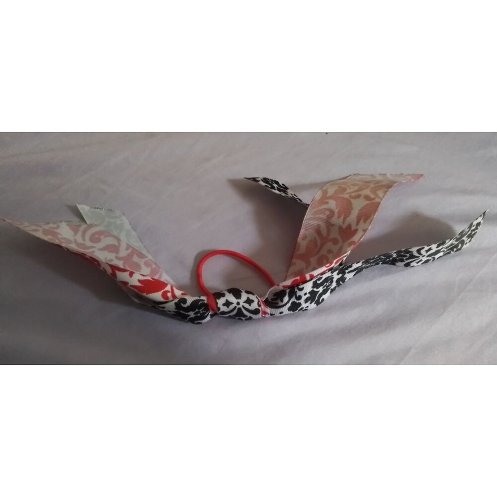Vintage Fabric Hair Tie Bow with Decorative Damask Patterns Red and Black Ribbon